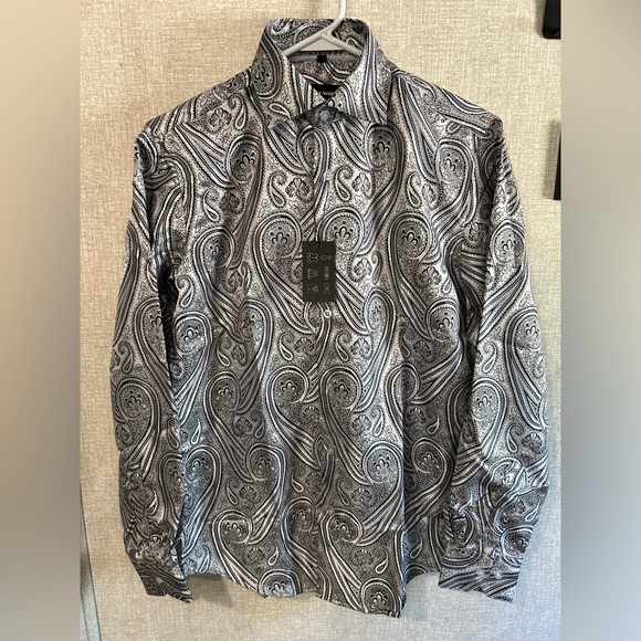 New Barry Wang Mens Small Grey/Silver and Black Long Sleeve Button Down - Picture 1 of 5